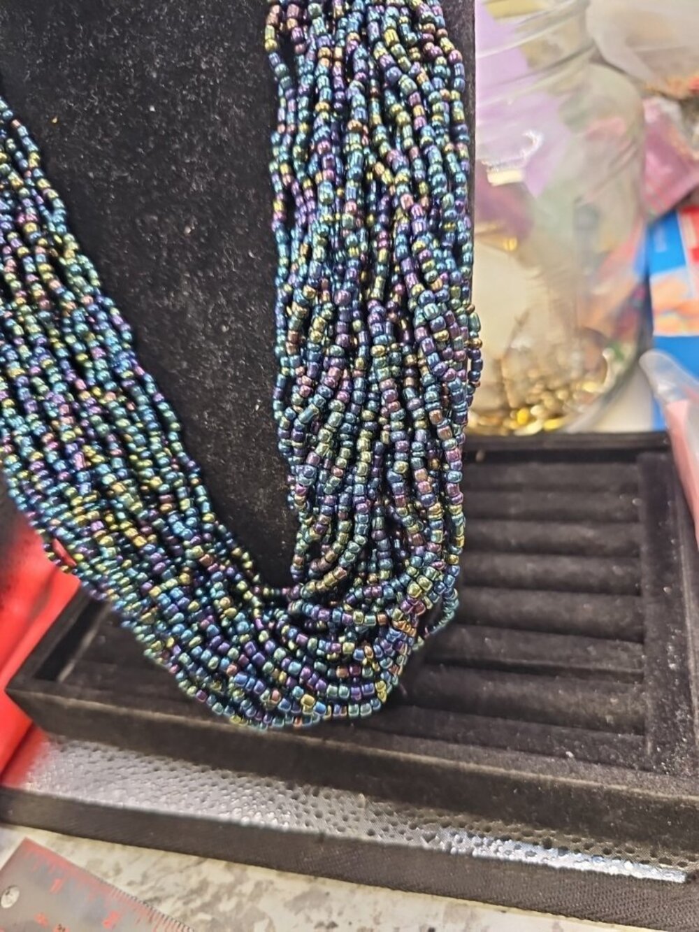 necklace multi strandi Irredescent Blue Seed Beads Lobster Closure 20"inches